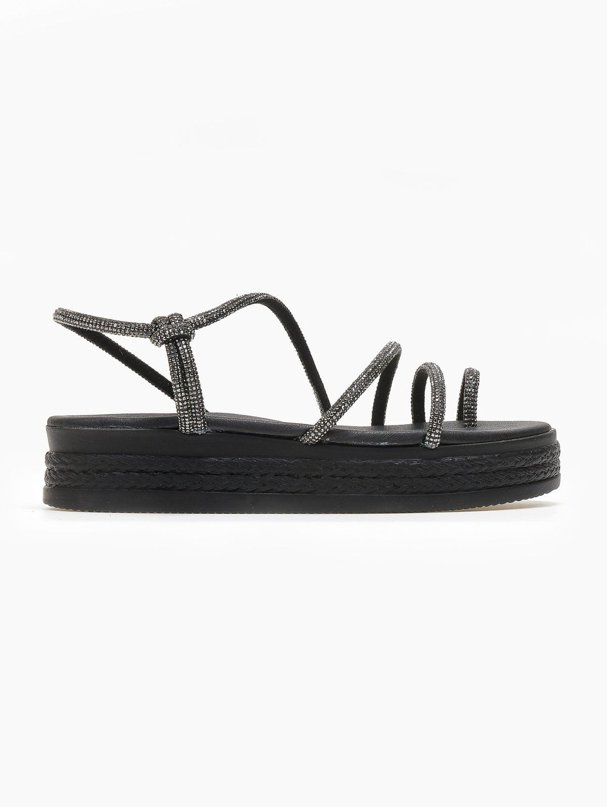 Σανδάλια flatforms δερμάτινα με στρας estil - Μαύρο - thefashionproject.gr - Estil