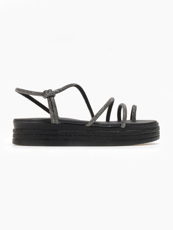 Σανδάλια flatforms δερμάτινα με στρας estil - Μαύρο - thefashionproject.gr - Estil