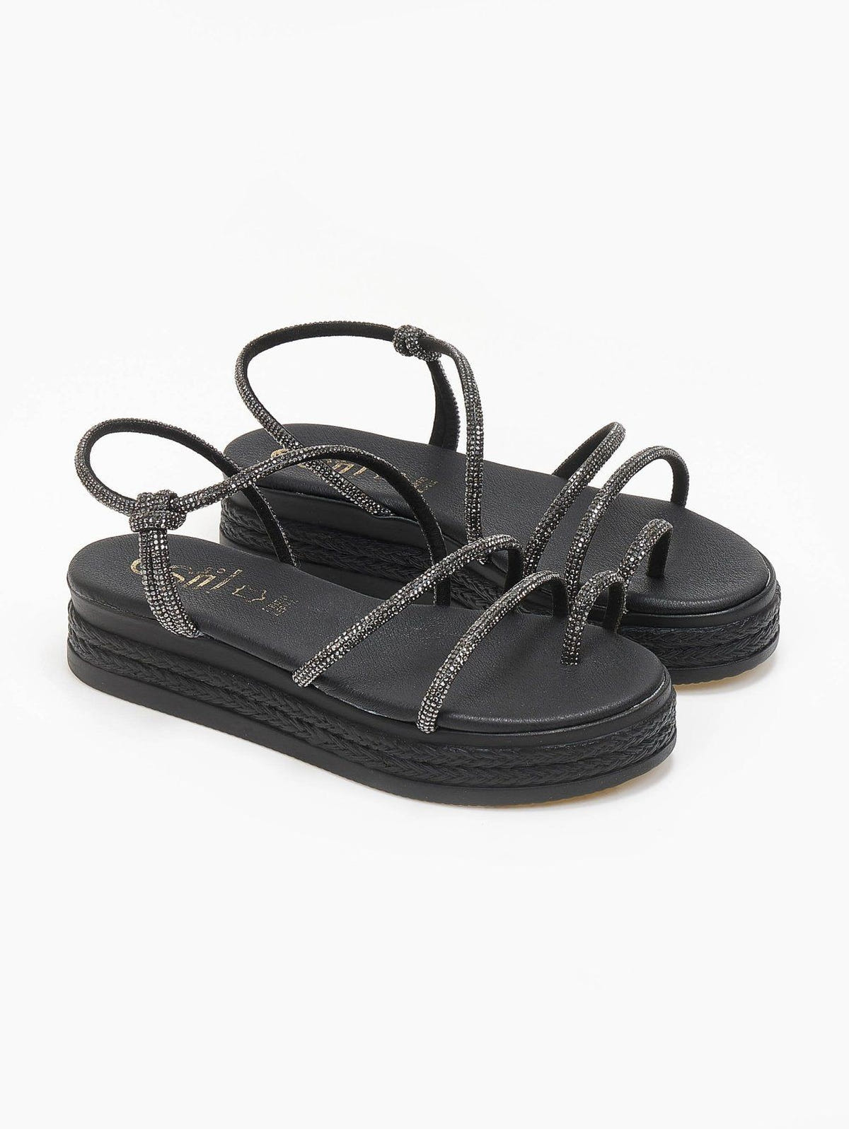 Σανδάλια flatforms δερμάτινα με στρας estil - Μαύρο - thefashionproject.gr - Estil