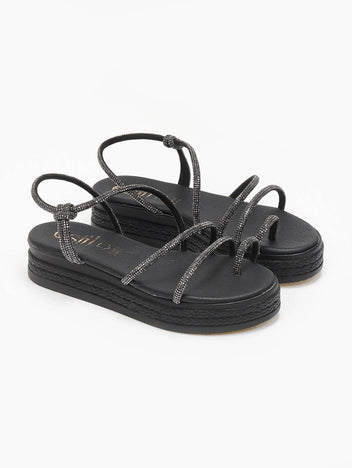 Σανδάλια flatforms δερμάτινα με στρας estil - Μαύρο - thefashionproject.gr - Estil
