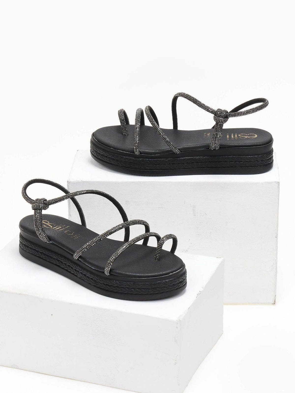 Σανδάλια flatforms δερμάτινα με στρας estil - Μαύρο - thefashionproject.gr - Estil