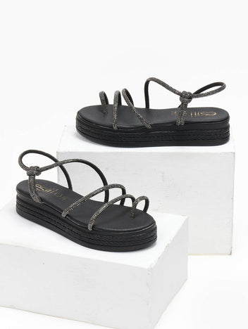 Σανδάλια flatforms δερμάτινα με στρας estil - Μαύρο - thefashionproject.gr - Estil