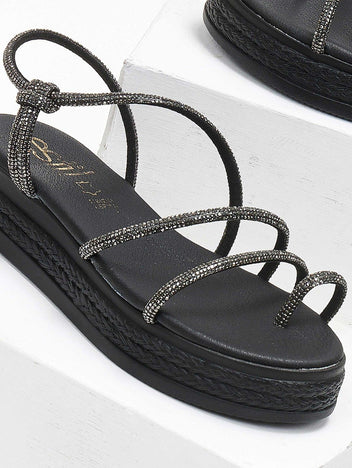 Σανδάλια flatforms δερμάτινα με στρας estil - Μαύρο - thefashionproject.gr - Estil