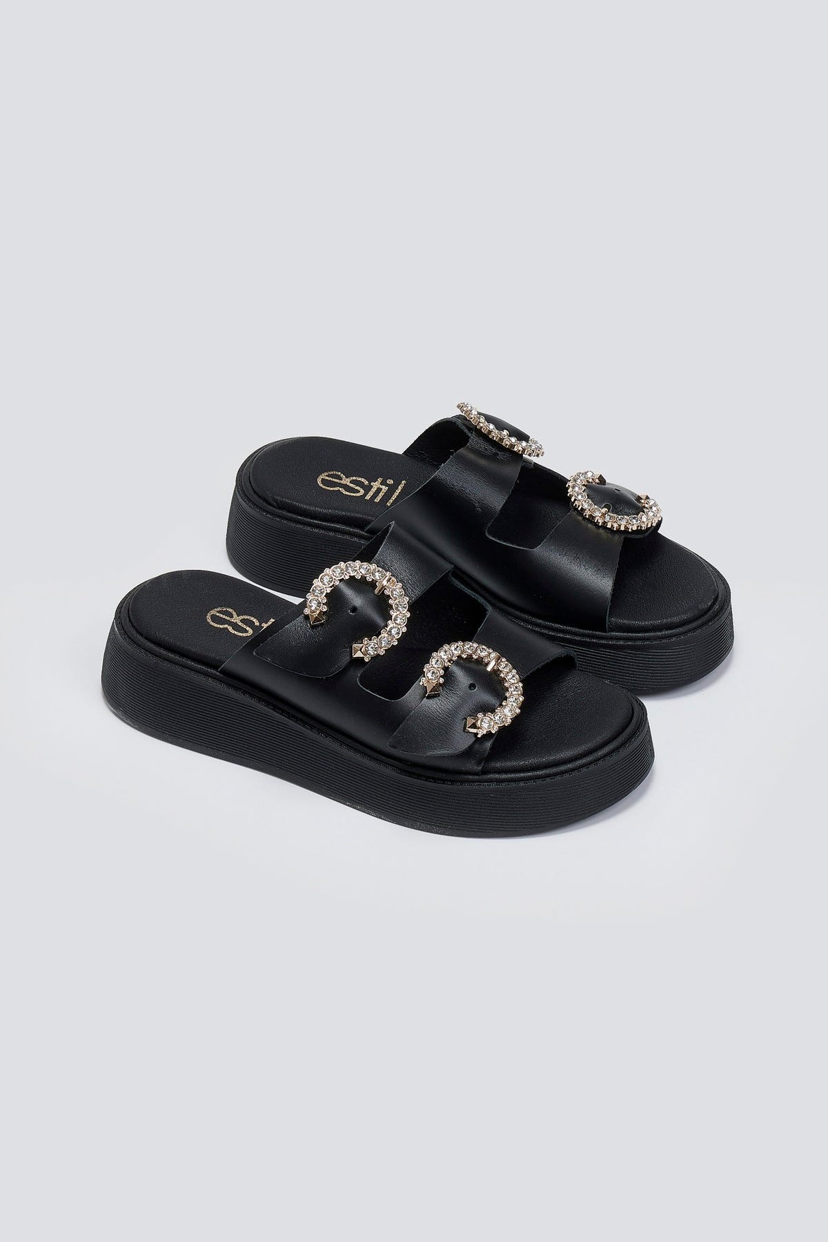 Σανδάλια flatforms δερμάτινα με στρας τοκάδες Estil