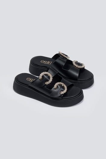Σανδάλια flatforms δερμάτινα με στρας τοκάδες Estil