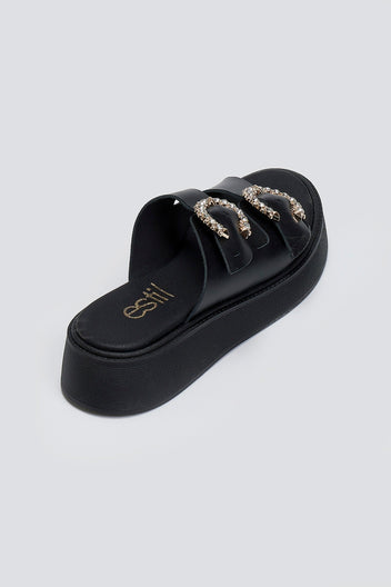 Σανδάλια flatforms δερμάτινα με στρας τοκάδες Estil