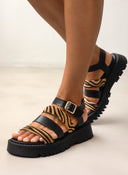 Σανδάλια flatforms δερμάτινα με συνθετικό ponyskin TFP - Μαύρο/Μπεζ - thefashionproject.gr - TFP