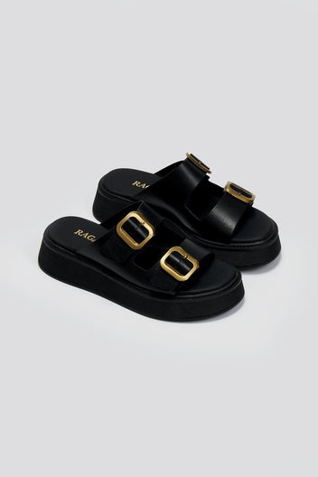 Σανδάλια flatforms δερμάτινα με τοκάδες Ragazza 01236 - Μαύρο - thefashionproject.gr - RAGAZZA