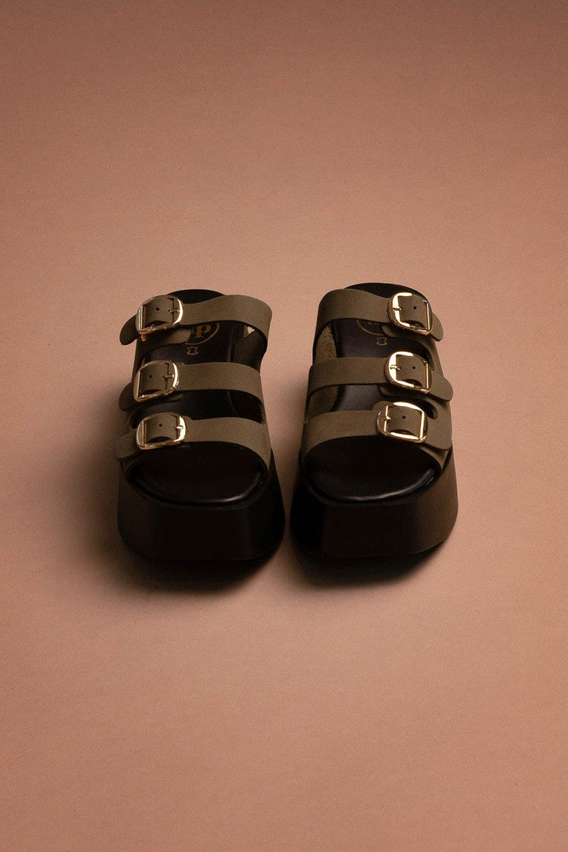 Σανδάλια flatforms δερμάτινα με τοκάδες Tfp - Χακί - thefashionproject.gr - TFP