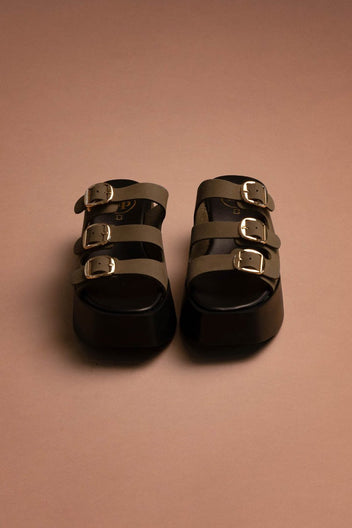Σανδάλια flatforms δερμάτινα με τοκάδες Tfp - Χακί - thefashionproject.gr - TFP