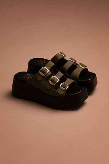 Σανδάλια flatforms δερμάτινα με τοκάδες Tfp - Χακί - thefashionproject.gr - TFP