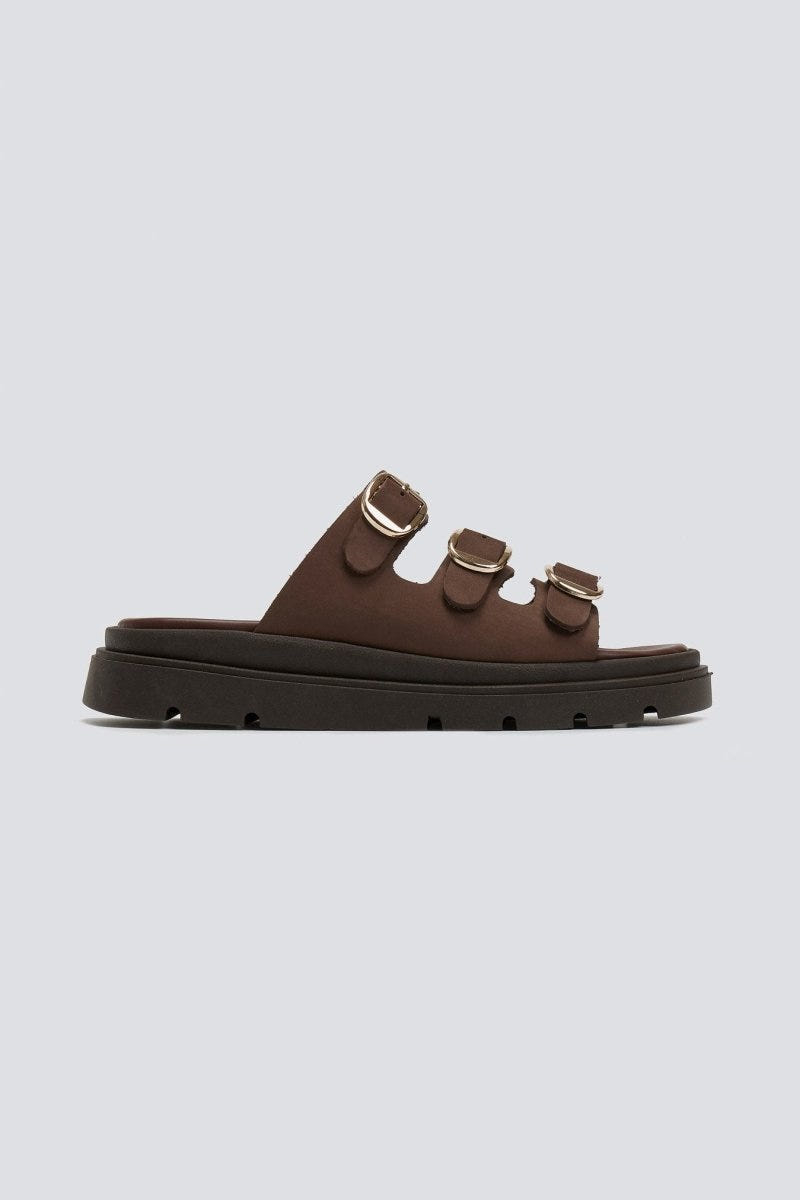 Σανδάλια flatforms δερμάτινα με τρεις φάσες Tfp - Καφέ - thefashionproject.gr - TFP