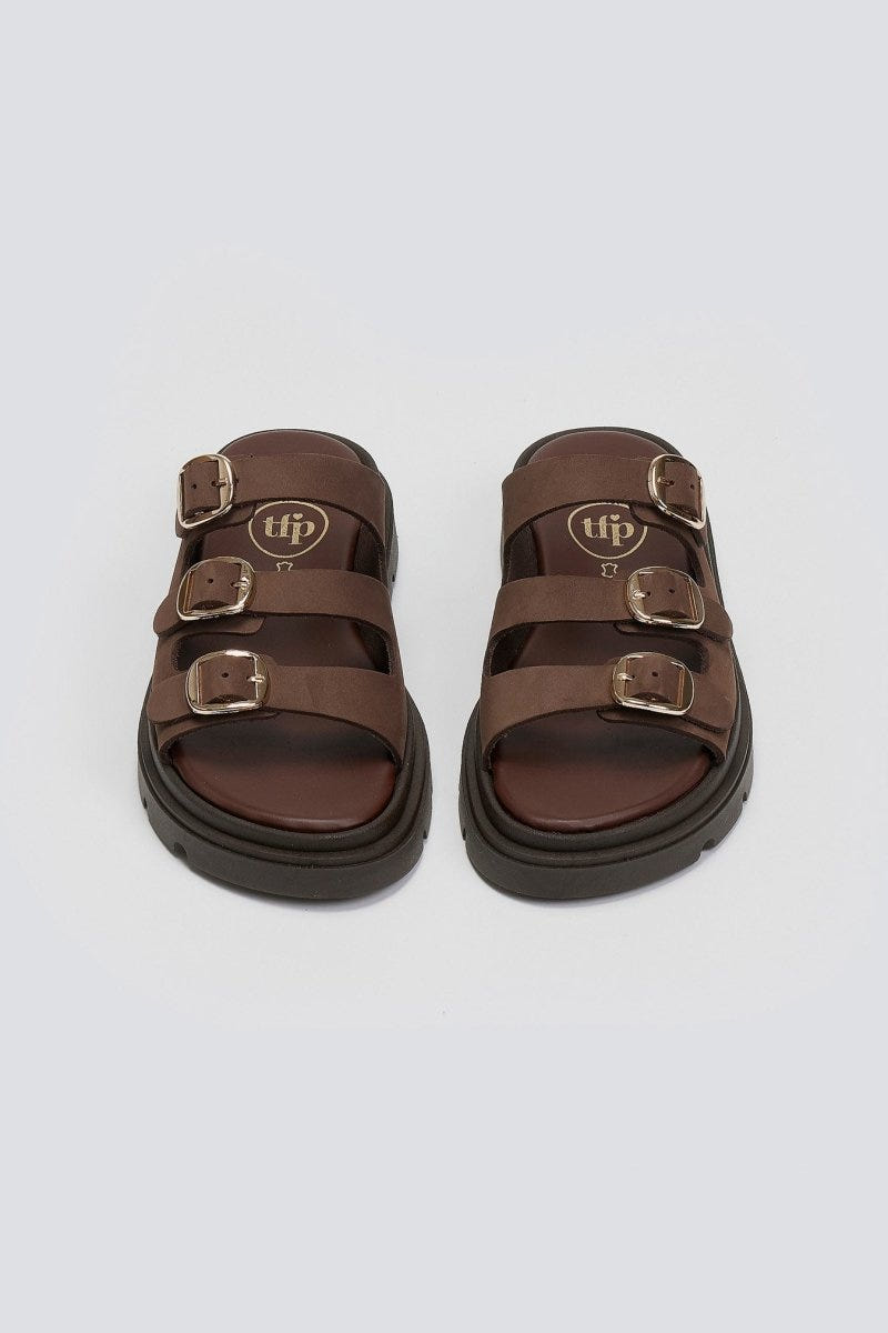 Σανδάλια flatforms δερμάτινα με τρεις φάσες Tfp - Καφέ - thefashionproject.gr - TFP