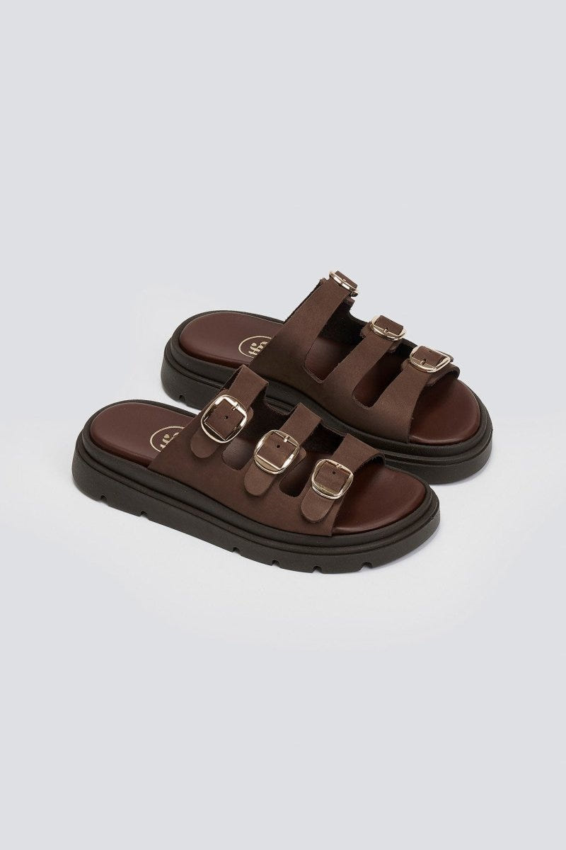 Σανδάλια flatforms δερμάτινα με τρεις φάσες Tfp - Καφέ - thefashionproject.gr - TFP