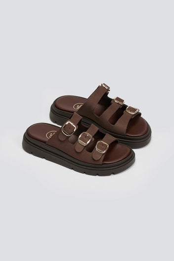 Σανδάλια flatforms δερμάτινα με τρεις φάσες Tfp - Καφέ - thefashionproject.gr - TFP
