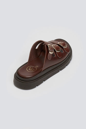 Σανδάλια flatforms δερμάτινα με τρεις φάσες Tfp - Καφέ - thefashionproject.gr - TFP
