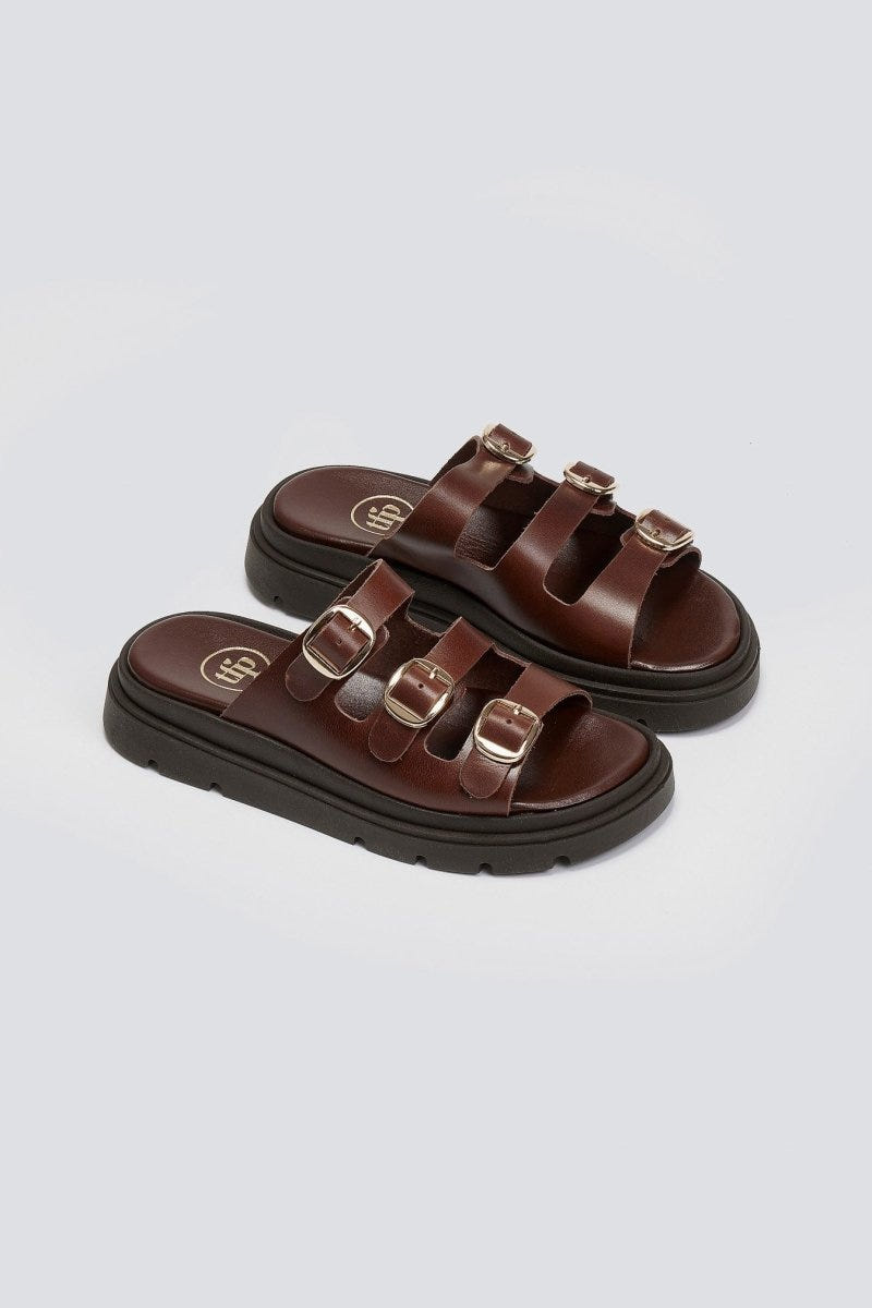 Σανδάλια flatforms δερμάτινα με τρεις φάσες Tfp - Καφέ - thefashionproject.gr - TFP