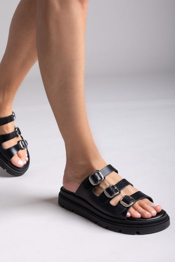 Σανδάλια flatforms δερμάτινα με τρεις φάσες Tfp - Μαύρο - thefashionproject.gr - TFP