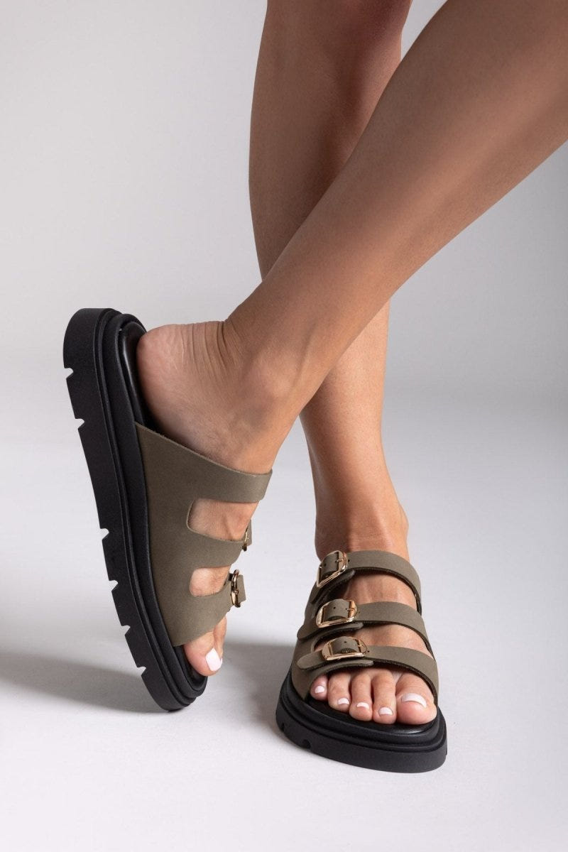 Σανδάλια flatforms δερμάτινα με τρεις φάσες Tfp - Χακί - thefashionproject.gr - TFP