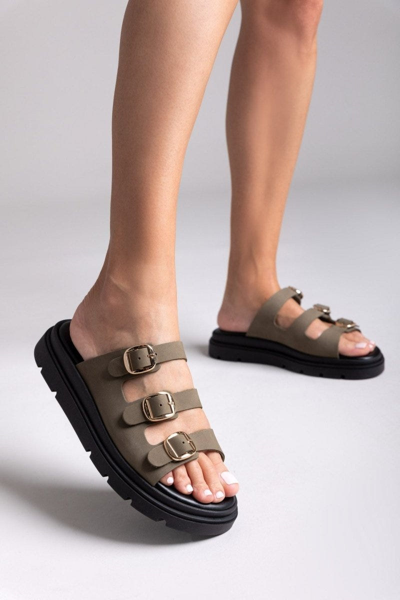 Σανδάλια flatforms δερμάτινα με τρεις φάσες Tfp - Χακί - thefashionproject.gr - TFP