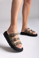 Σανδάλια flatforms δερμάτινα με τρεις φάσες Tfp - Χακί - thefashionproject.gr - TFP