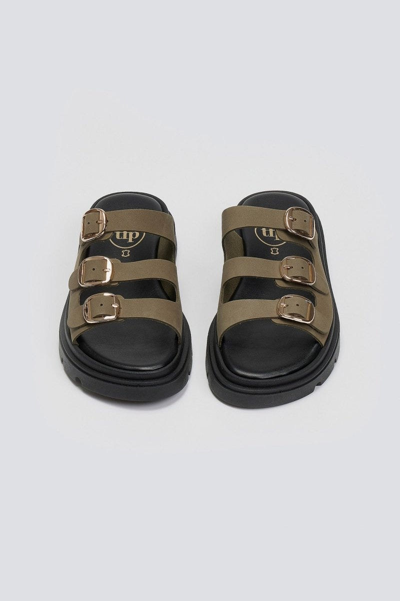 Σανδάλια flatforms δερμάτινα με τρεις φάσες Tfp - Χακί - thefashionproject.gr - TFP
