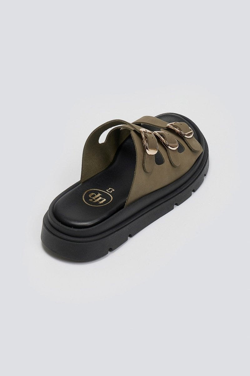 Σανδάλια flatforms δερμάτινα με τρεις φάσες Tfp - Χακί - thefashionproject.gr - TFP