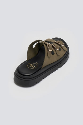 Σανδάλια flatforms δερμάτινα με τρεις φάσες Tfp - Χακί - thefashionproject.gr - TFP
