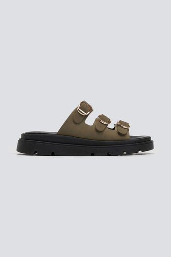 Σανδάλια flatforms δερμάτινα με τρεις φάσες Tfp - Χακί - thefashionproject.gr - TFP