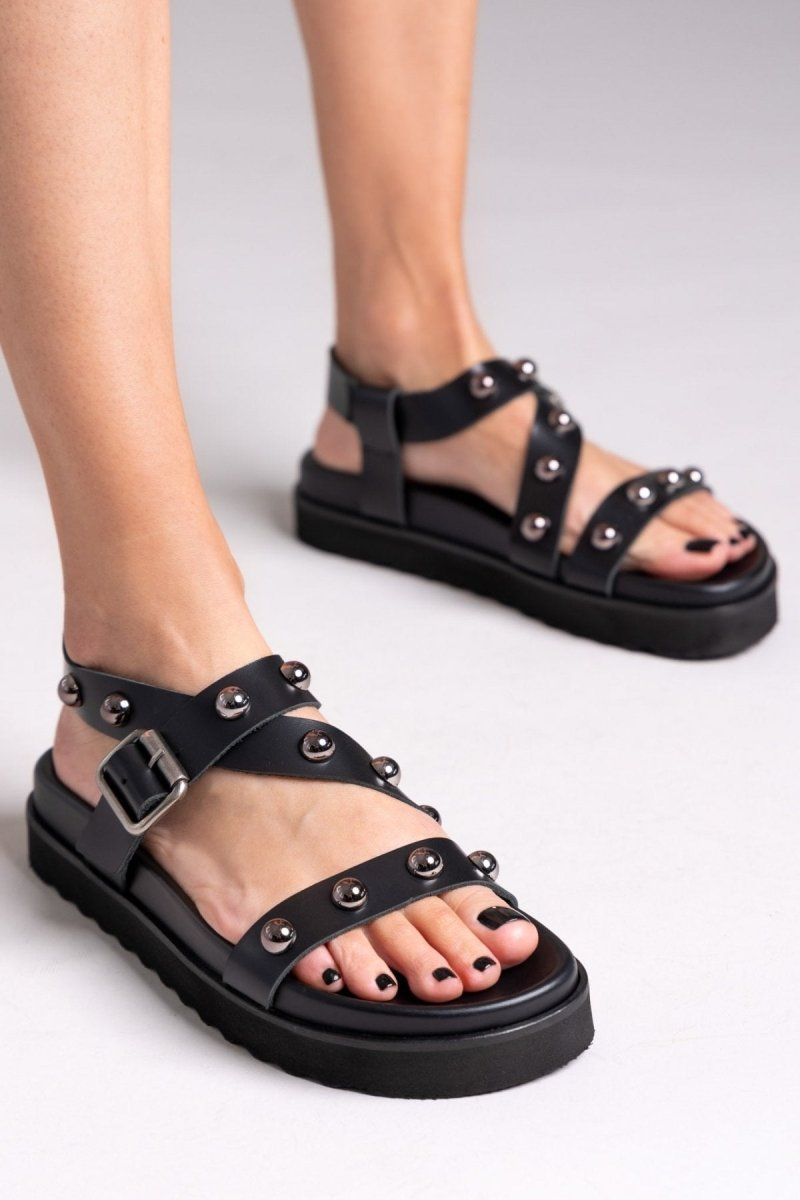 Σανδάλια flatforms δερμάτινα με τρουκς ATENEO - Μαύρο - thefashionproject.gr - ATENEO