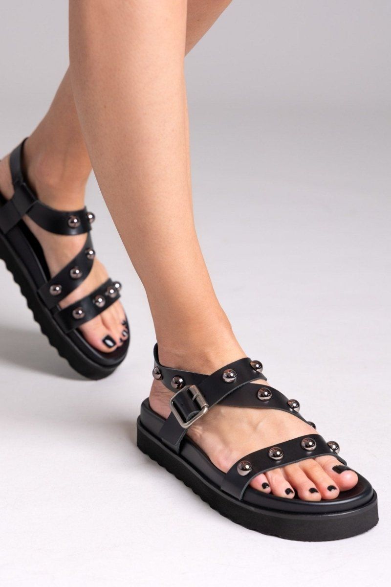 Σανδάλια flatforms δερμάτινα με τρουκς ATENEO - Μαύρο - thefashionproject.gr - ATENEO
