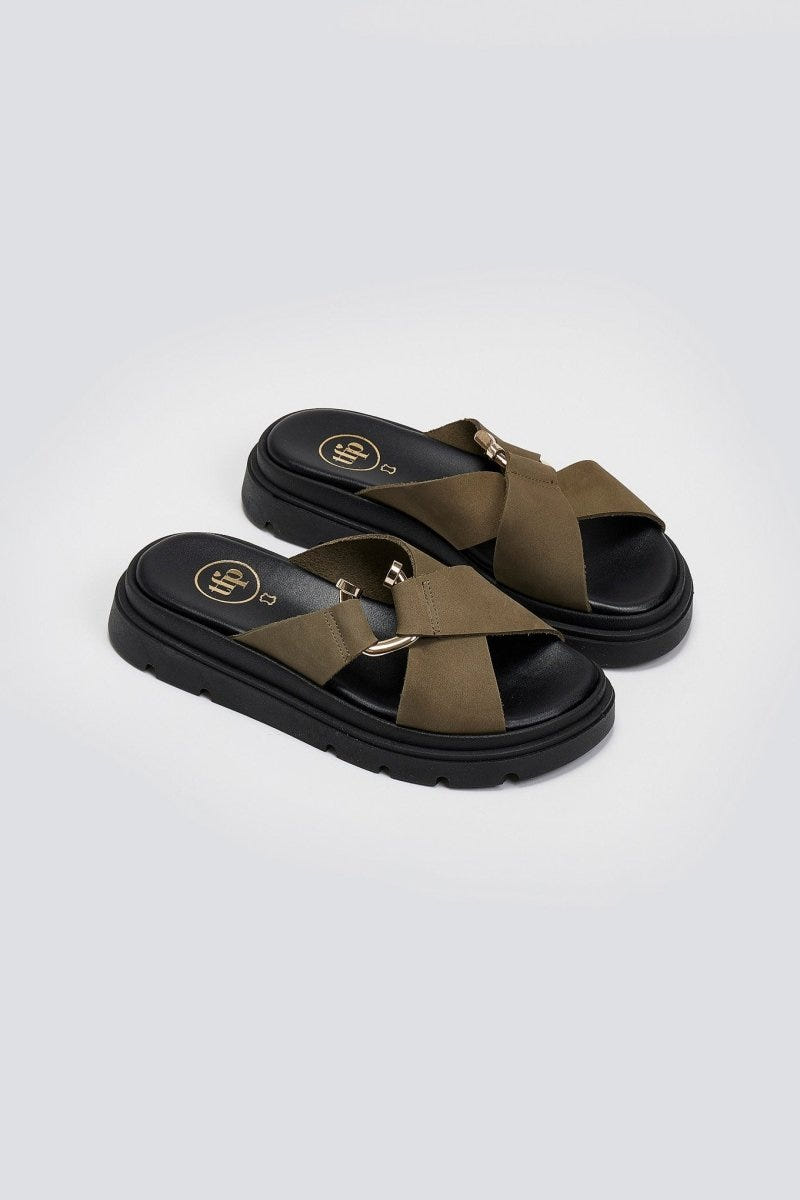 Σανδάλια flatforms δερμάτινα nubuck Tfp - Χακί - thefashionproject.gr - TFP