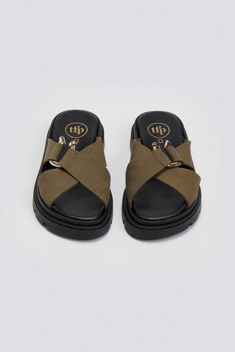 Σανδάλια flatforms δερμάτινα nubuck Tfp - Χακί - thefashionproject.gr - TFP