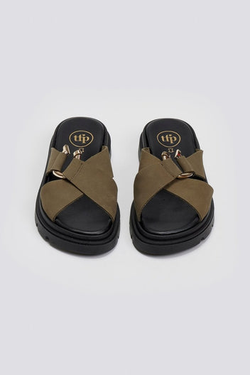 Σανδάλια flatforms δερμάτινα nubuck Tfp - Χακί - thefashionproject.gr - TFP