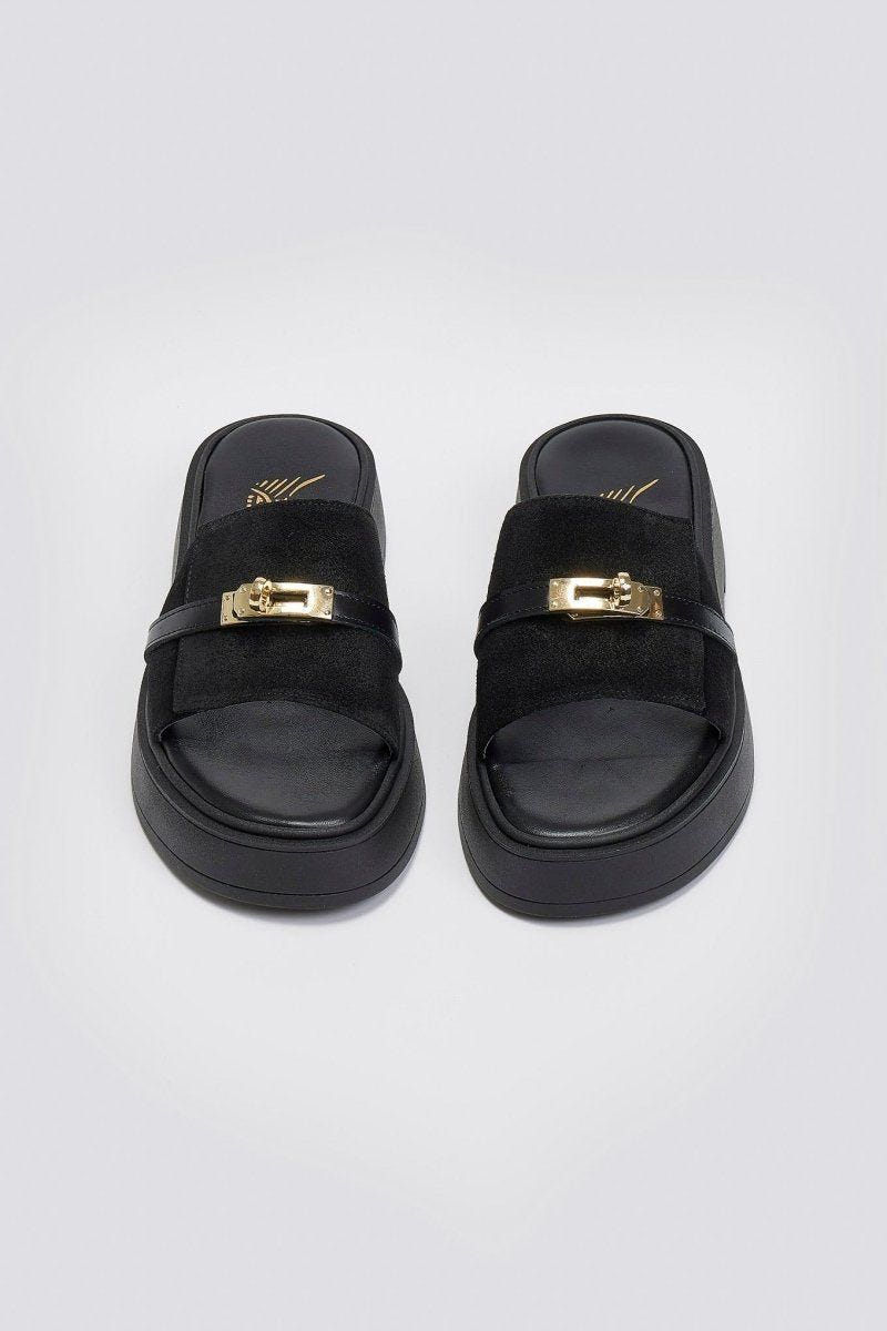 Σανδάλια flatforms καστόρινα με λουράκι Iris - Μαύρο - thefashionproject.gr - IRIS