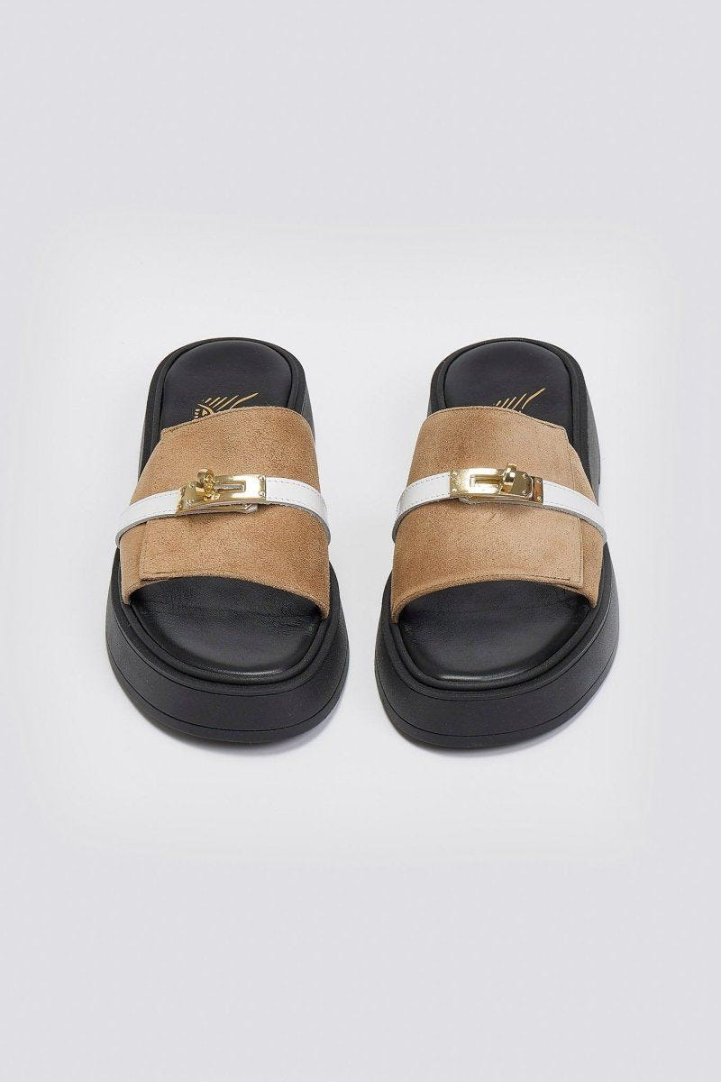 Σανδάλια flatforms καστόρινα με λουράκι Iris - Τάουπε - thefashionproject.gr - IRIS