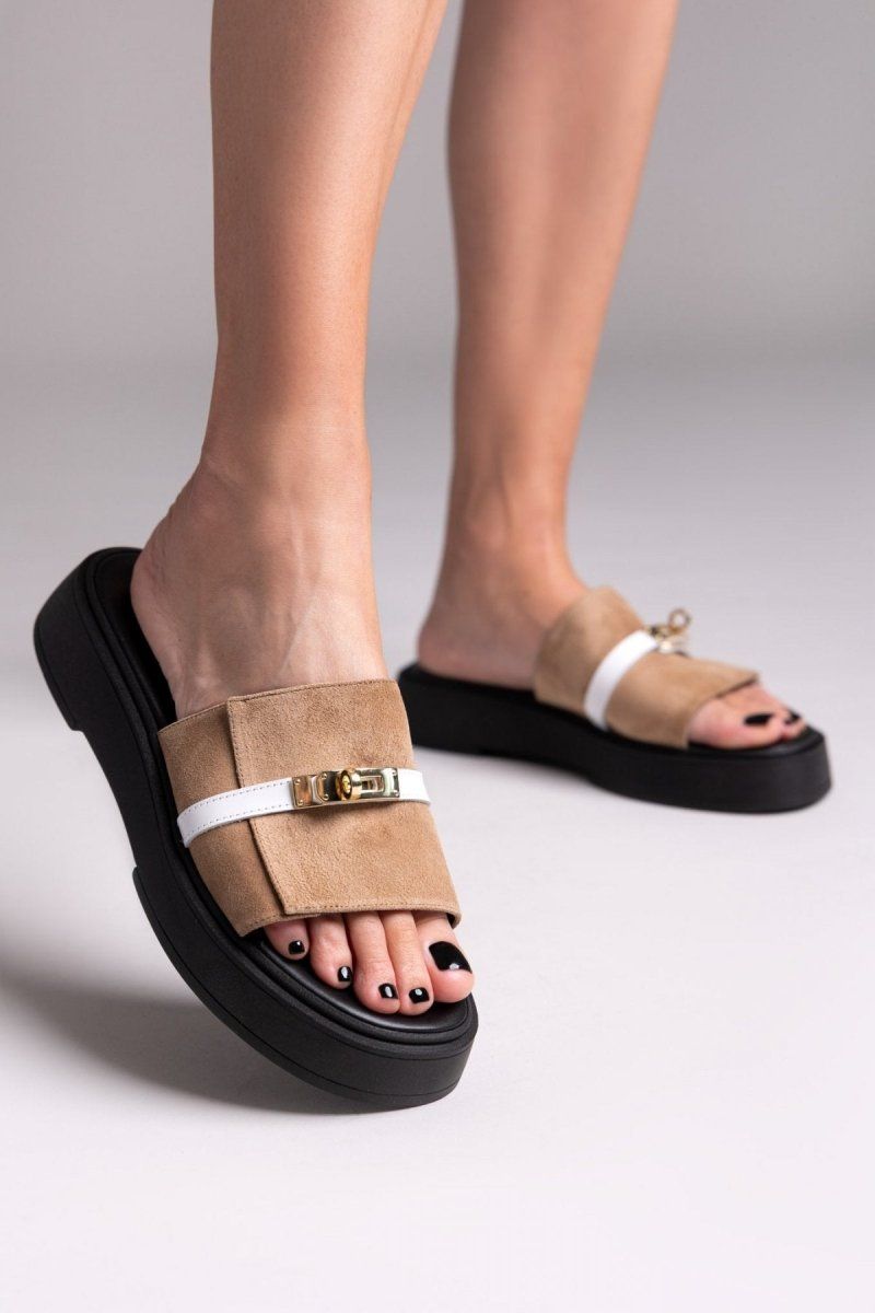 Σανδάλια flatforms καστόρινα με λουράκι Iris - Τάουπε - thefashionproject.gr - IRIS
