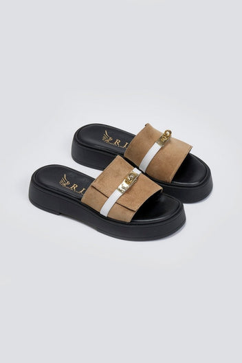Σανδάλια flatforms καστόρινα με λουράκι Iris - Τάουπε - thefashionproject.gr - IRIS
