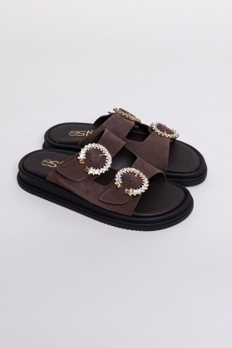 Σανδάλια flatforms καστόρινα με στρας Estil - Καφέ - thefashionproject.gr - Estil