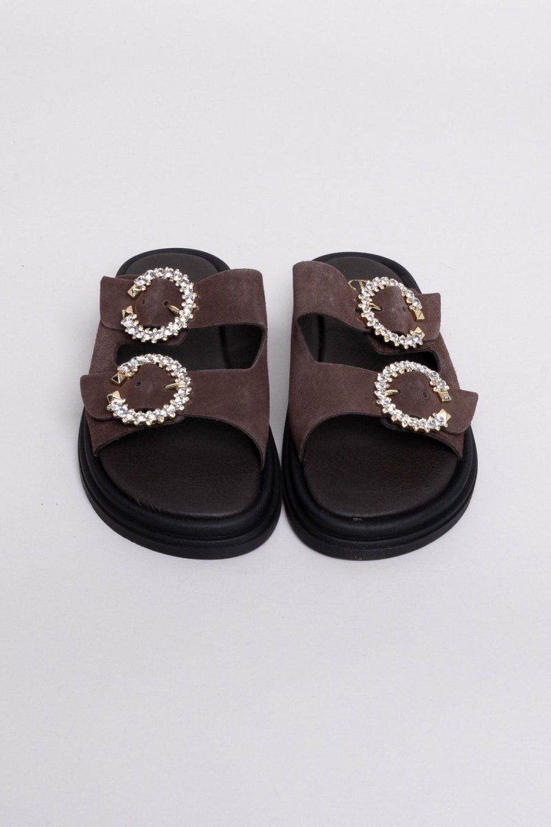 Σανδάλια flatforms καστόρινα με στρας Estil - Καφέ - thefashionproject.gr - Estil