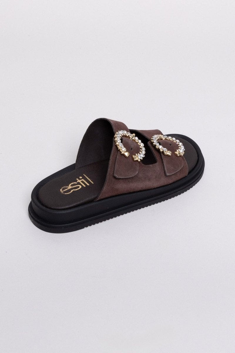 Σανδάλια flatforms καστόρινα με στρας Estil - Καφέ - thefashionproject.gr - Estil