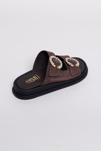 Σανδάλια flatforms καστόρινα με στρας Estil - Καφέ - thefashionproject.gr - Estil