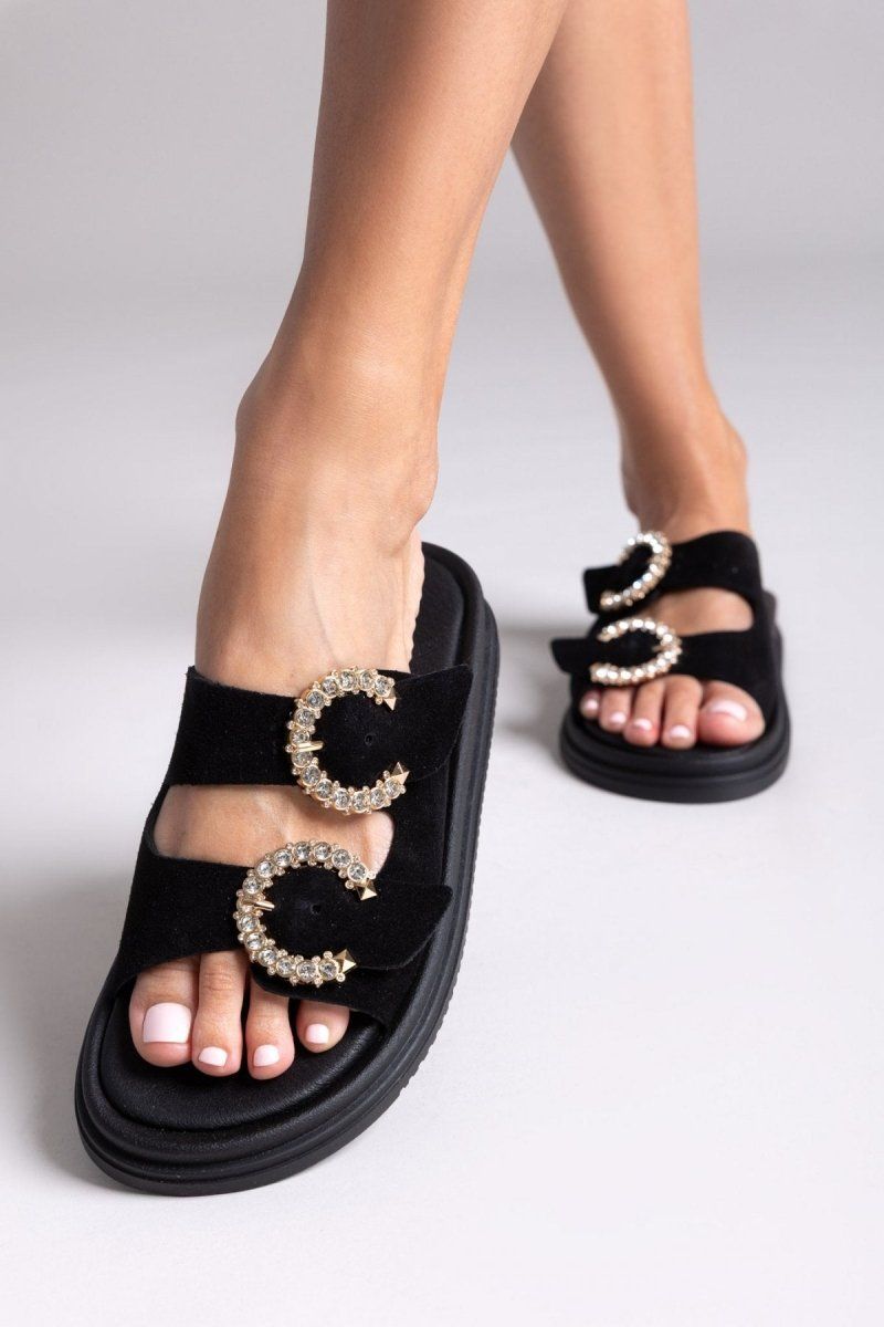 Σανδάλια flatforms καστόρινα με στρας Estil - Μαύρο - thefashionproject.gr - Estil