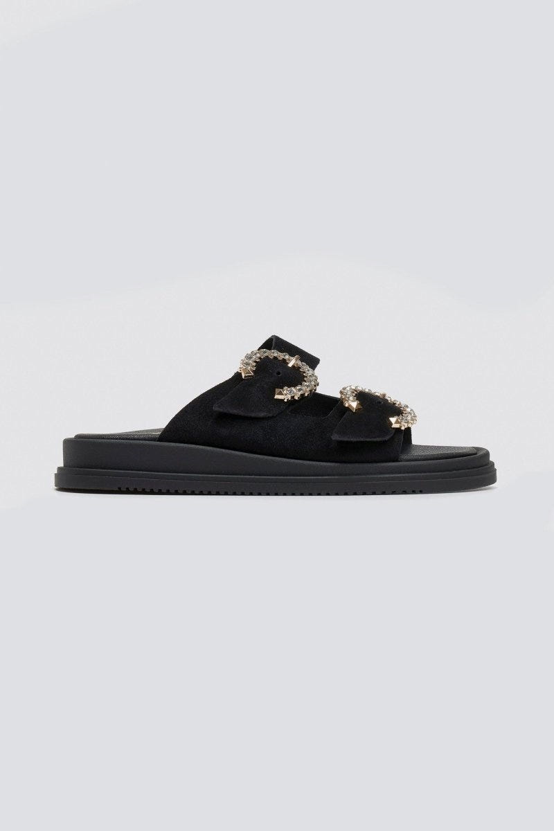 Σανδάλια flatforms καστόρινα με στρας Estil - Μαύρο - thefashionproject.gr - Estil