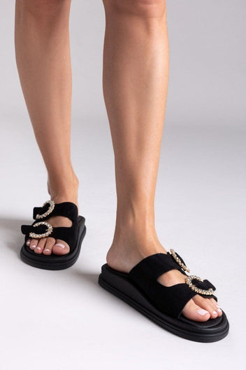 Σανδάλια flatforms καστόρινα με στρας Estil - Μαύρο - thefashionproject.gr - Estil