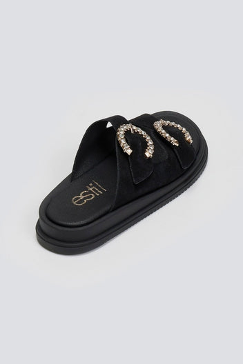 Σανδάλια flatforms καστόρινα με στρας Estil - Μαύρο - thefashionproject.gr - Estil