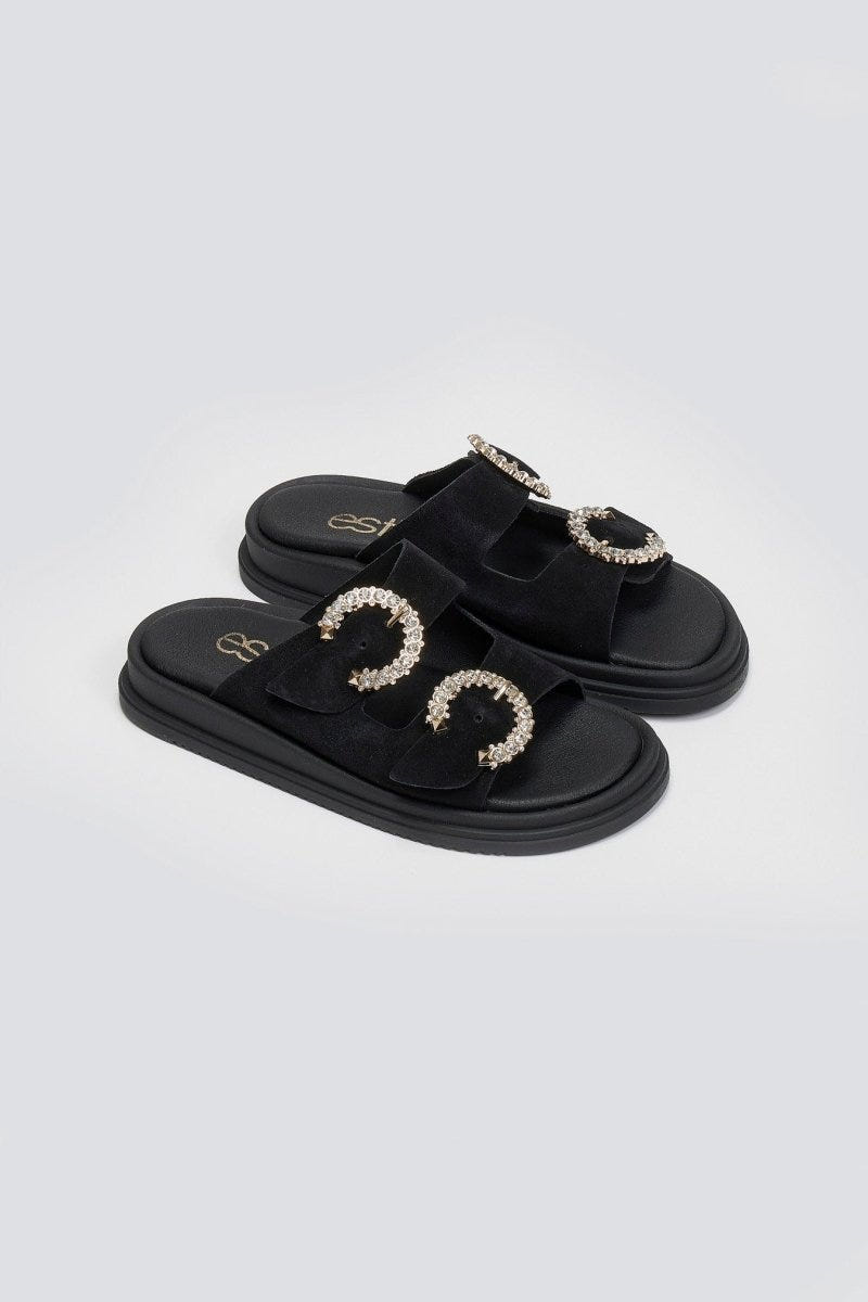 Σανδάλια flatforms καστόρινα με στρας Estil - Μαύρο - thefashionproject.gr - Estil