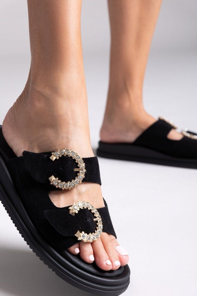 Σανδάλια flatforms καστόρινα με στρας Estil - Μαύρο - thefashionproject.gr - Estil