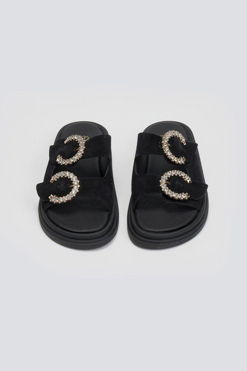 Σανδάλια flatforms καστόρινα με στρας Estil - Μαύρο - thefashionproject.gr - Estil