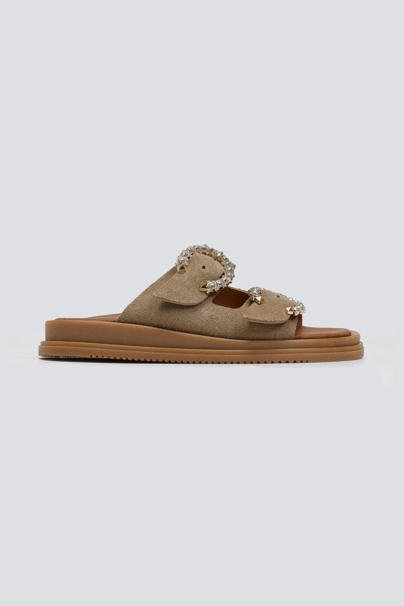 Σανδάλια flatforms καστόρινα με στρας Estil - Τάουπε - thefashionproject.gr - Estil